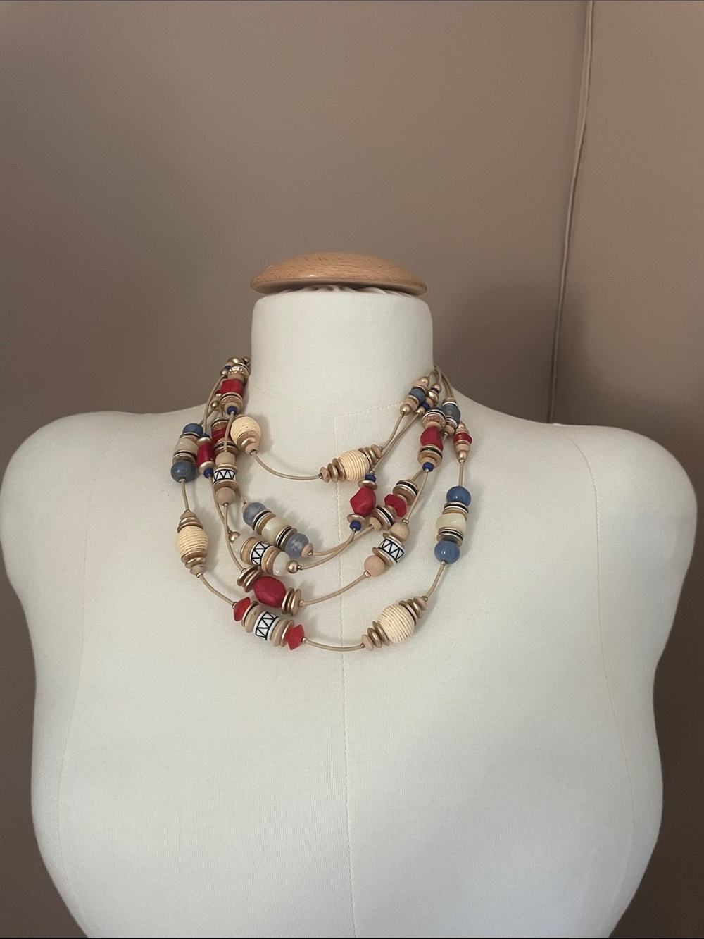 Chicos NWT Multi-Strand Beaded Necklace in Red, Blue and Cream